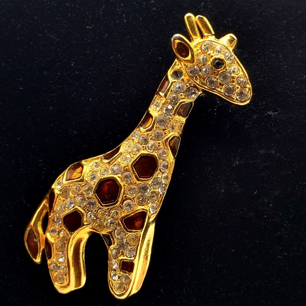 Giraffe Brooch Gold‎ Tone Brown Enamel Rhinestone Pin Animal Black Eye Vtg 1980s